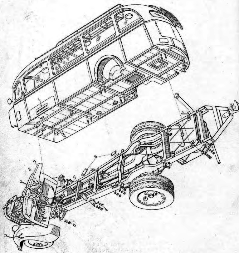 Nadwozie oraz rama autobusu Praga RN według Instrukcji obsługi z 1950 roku